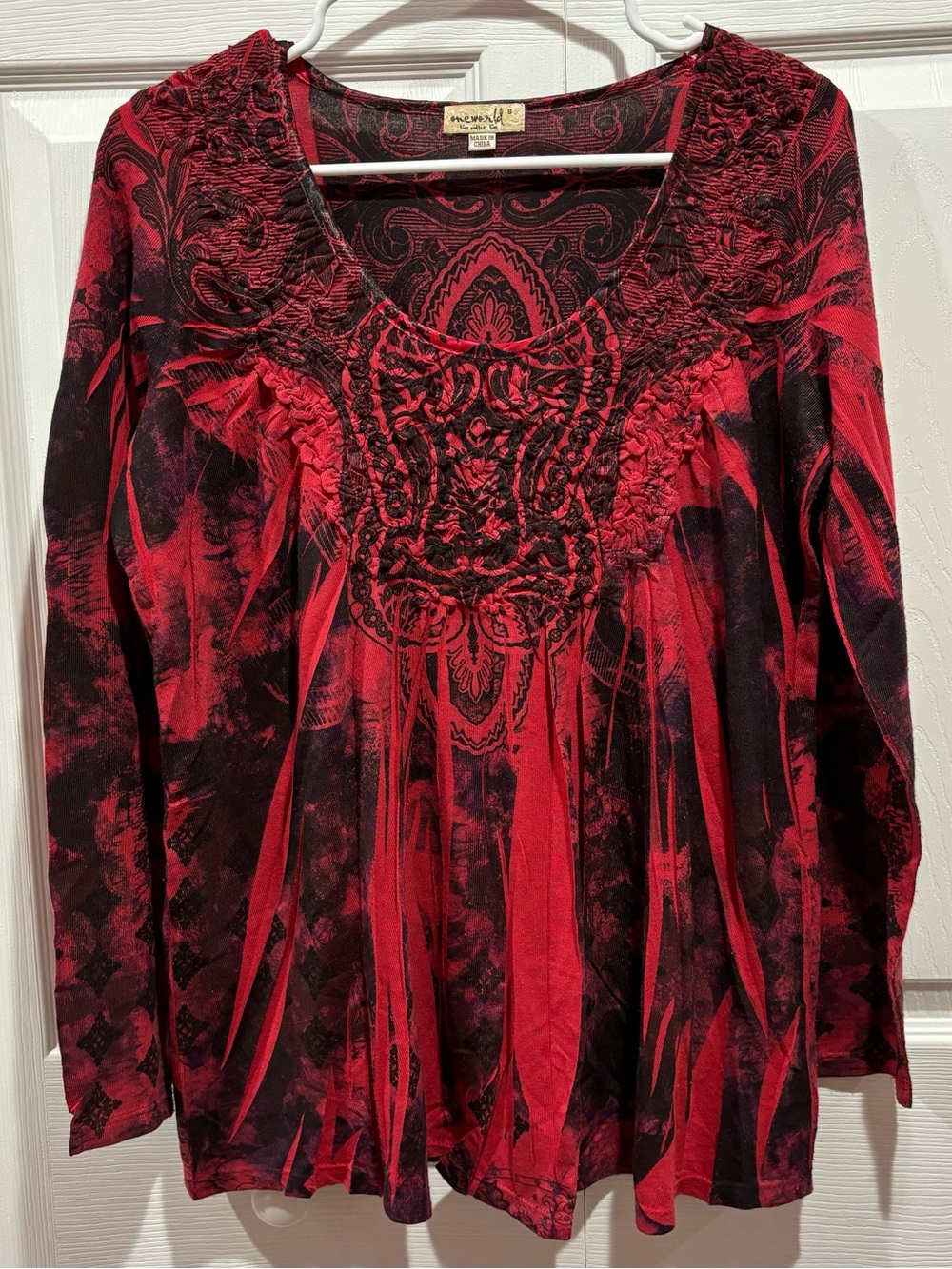 ONE WORLD Women’s Paisley Pattern Long Sleeve Shirt Top - red/black, size S